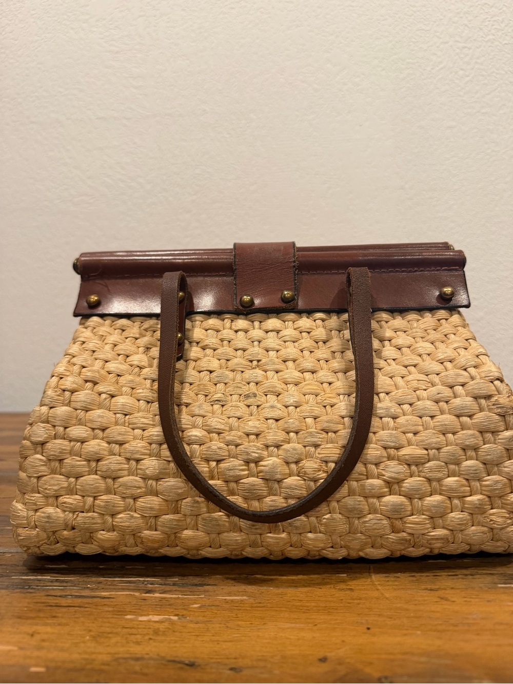 Burlington Woven Straw Tote with Brown Leather Trim and Gold Accent - Picture 3 of 6